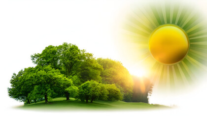 Sunrise over a lush green grove with trees basking in warm sunlight in a tranquil outdoor setting