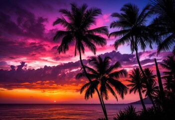 Obraz premium vibrant sunset backdrop featuring tropical palm silhouette colorful sky, beach, colors, clouds, orange, yellow, pink, blue, nature, scenery, dusk, evening