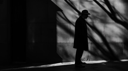 A silhouette of a person walking in an empty space between light and dark areas. A person alone in monochromatic shadows and depth effect in the image.