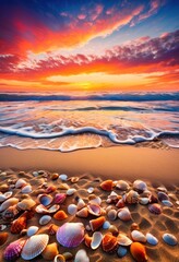 Obraz premium vibrant beach sunset showcasing bright seashells spread across golden sand, colors, sky, orange, red, blue, yellow, clouds, coast, shore, water, waves