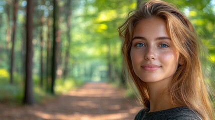 Fototapeta premium A blonde girl stands cheerfully on a forest path, illuminated by warm sunlight filtering through the trees. She smiles, enjoying a tranquil moment in the serene surroundings
