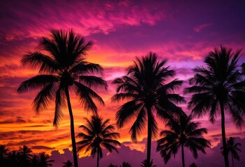 Obraz premium vibrant palm silhouette stunning sunset backdrop radiant colors dramatic sky, colorful, dusk, clouds, orange, yellow, red, blue, beautiful, nature