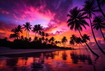 vibrant palm silhouettes framed stunning sunset sky displaying rich hues purple creating captivating tropical atmosphere, orange, pink, landscape, colors
