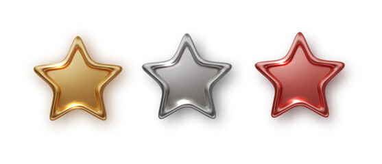 Golden, bronze, silver glossy metallic stars 3d realistic style isolated. vector illustration for leadership, game award, customer feedback, Christmas design