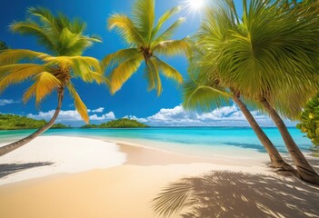 vibrant tropical beach scenery showcasing lush colorful foliage crystal clear waters golden sands under bright blue sky, palm, ocean, landscape, nature, plants