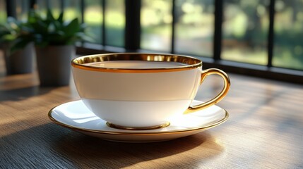 Obraz premium A beautifully designed cup with a gold rim sits on a matching saucer on a rustic wooden table. Soft sunlight streams in through a nearby window, creating a warm ambiance