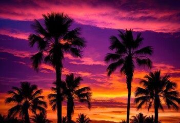 Obraz premium vibrant palm silhouettes breathtaking sunset striking colors dramatic sky, colorful, contrast, landscape, evening, dusk, tree, light, nature, tropical
