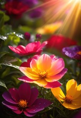Fototapeta premium vibrant blooms bathed radiant sunlight showcasing beautiful harmony colors lush garden setting, flowers, colorful, petals, greenery, nature, landscape, spring