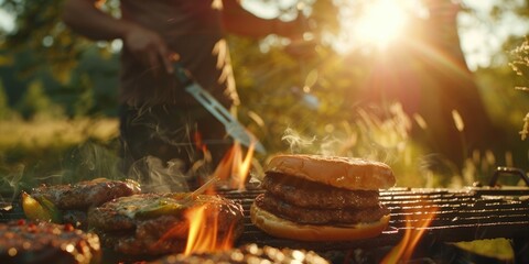 Fototapeta premium Friends grilling delicious burgers at a picnic enjoying each other s company outdoors