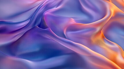 Obraz premium Close-up of silk fabric in fluid motion in purple and orange tones. Abstract iridescent silk waves in a royal purple, blue and orange tone.