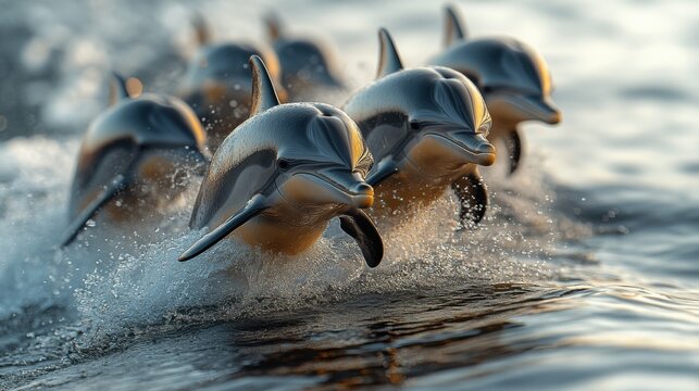 A group of dolphins swims energetically through the clear waters, creating splashes as they move swiftly, showcasing their intelligence and social behavior