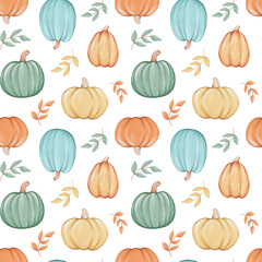 Seamless pattern with pumpkins and leaves