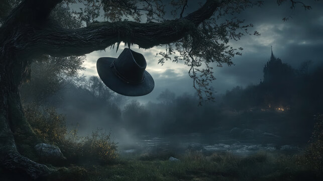 witcher hat hanging on a gnarled tree branch in a foggy fores