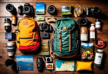 vibrant travel itinerary display featuring essential packing items adventure exploration, accessories, checklist, colors, creative, design, document, destination