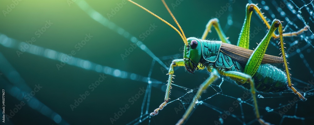 Poster macro shot of a grasshopper caught in a spider web, highlighting the intricacy of nature and the del