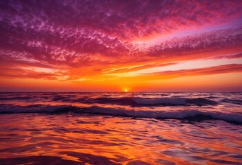 vibrant sunset over calm ocean waves reflecting warm colors serenity, sky, clouds, water, reflection, scenery, evening, light, beauty, landscape, view