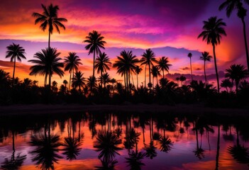 Obraz premium vibrant silhouettes palm trees breathtaking sunset backdrop rich colors dramatic lighting, sky, tropical, evening, landscape, horizon, sunlight, clouds, warm