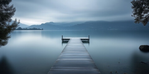 Scatto con lunga esposizione. Molo e lago. Sfondo panoramico.