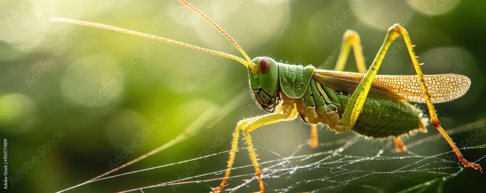 Poster macro shot of a grasshopper caught in a spider web, highlighting intricate details and textures of n
