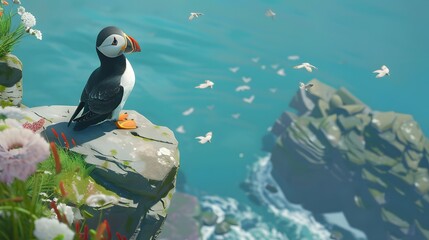 Obraz premium Puffin on a cliff with a view of the sea