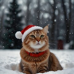 A cat in a Santa hat. Snow background