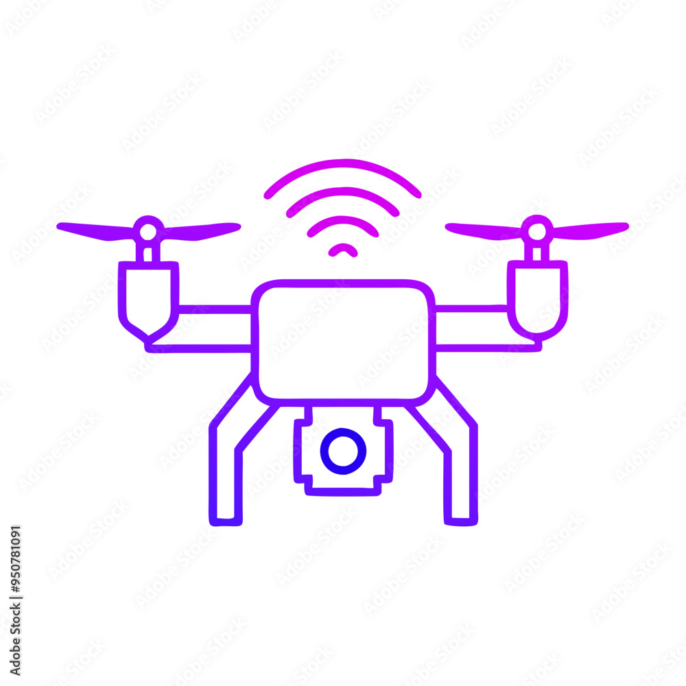 Poster drone vector drawing with wifi signal camera technology in purple against gray background