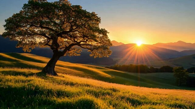 A solitary tree graces a peaceful hillside, bathed in the warm glow of sunrise. The golden rays stretch across the vast fields and distant mountains, enhancing the serene morning ambiance.