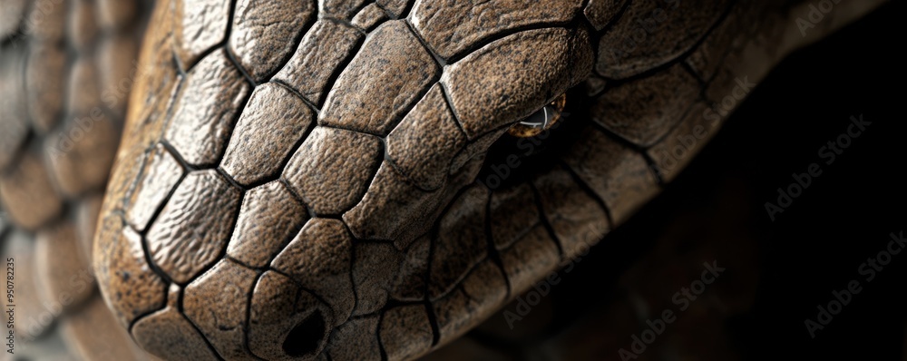 Poster macro close-up of a king cobra showcasing its intricate, textured skin pattern, revealing detailed s