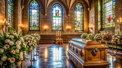 Obraz premium Elegant Funeral Service with Casket and Flowers in Church