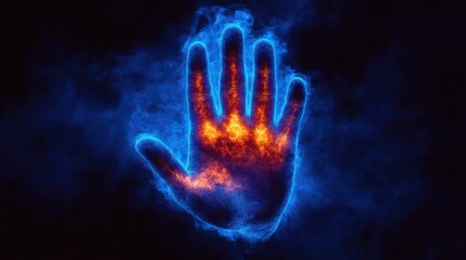 A vibrant hand is displayed in blue light, showcasing dynamic fiery patterns. This striking...
