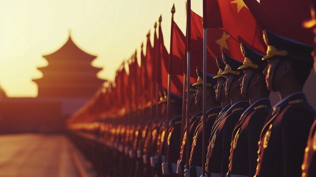 Chinese Soldiers in Formation at Sunset with National Flags, Patriotic Scene - Powered by Adobe