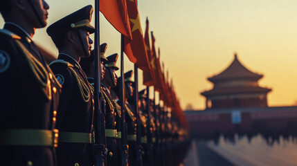 Chinese Soldiers Standing Guard with National Flags, Sunset, Patriotic Ceremony