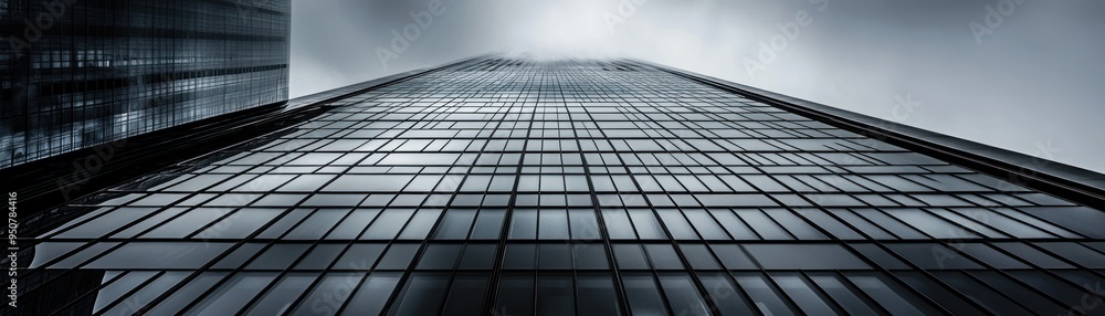 Poster a low-angle view of a glass skyscraper reaching upwards through a cloudy sky