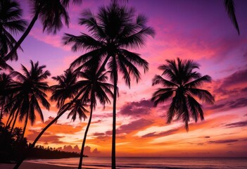 Obraz premium tropical escape featuring vibrant sunsets silhouetted palms stunning sky, beach, paradise, colorful, evening, horizon, scenery, landscape, dusk, twilight