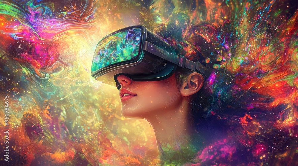 Sticker Woman wearing VR headset immersed in colorful abstract background