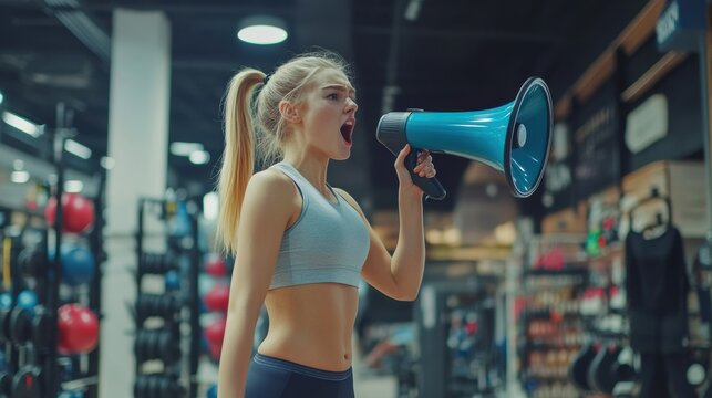 Energetic woman shouting into megaphone at gym
 - Powered by Adobe