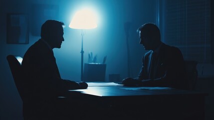 Men having a serious conversation in dark room
