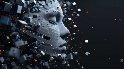 A digital face in profile, disintegrating into cubes and particles against a dark background. The face, composed of intricate textures, is shown in mid-dissolution, with glowing orange particles