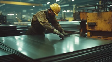 Factory worker handling metal sheets in industrial setting
