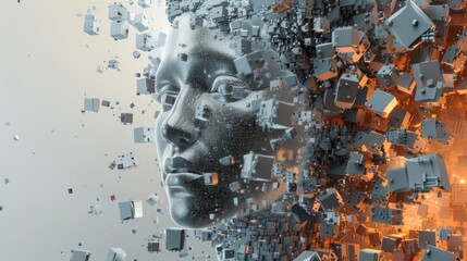 A digital face disintegrates into numerous floating cubes, blending cool silver tones with a fiery orange glow. The image portrays a dynamic fusion of technology and human form