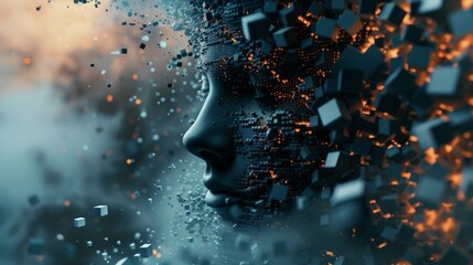 A surreal digital face dissolves into floating geometric cubes, merging teal and orange tones. The image blends human elements with abstract technology