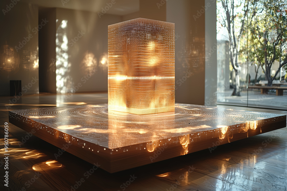 Poster a floating, illuminated sculpture with different data points arranged around it, casting shadows tha