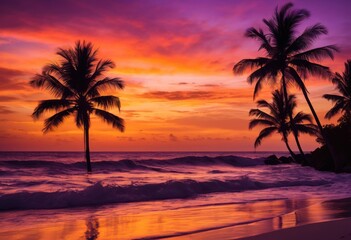 vibrant silhouettes palm trees framed stunning sunset scene creating tropical paradise atmosphere, outline, color, sky, evening, nature, landscape, horizon