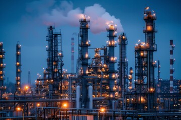 A modern oil refinery with towering structures illuminated by bright lights during dusk. Industrial complexity highlighted by glowing lights and rising smoke