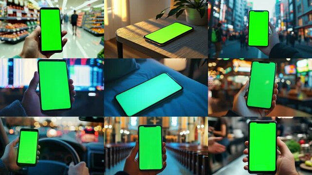 Collage of 3x3 grid of nine views smartphones in assorted locations. Center shot is of a phone on a bed. All smart phone screens are chroma key green screens. Phone app concept.