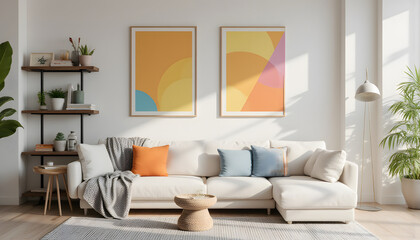 Minimalist interior design of modern living room with sofa with colorful pillows and colorful poster in the wall