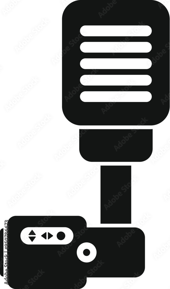 Poster simple black icon of an action camera recording video with an external microphone attached