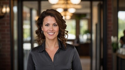 カメラを見つめる中小企業オーナーが企業の入り口で見せるプロフェッショナルな表情