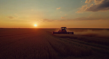 Fototapeta premium Harvest Time: Aerial View of Combine Harvester Sunset Working on Ripe Wheat Field, crop Harvest, moisson, , Agriculture, Concept of a rich harvest