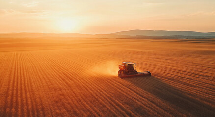 Fototapeta premium Harvest Time: Aerial View of Combine Harvester Sunset Working on Ripe Wheat Field, crop Harvest, moisson, , Agriculture, Concept of a rich harvest